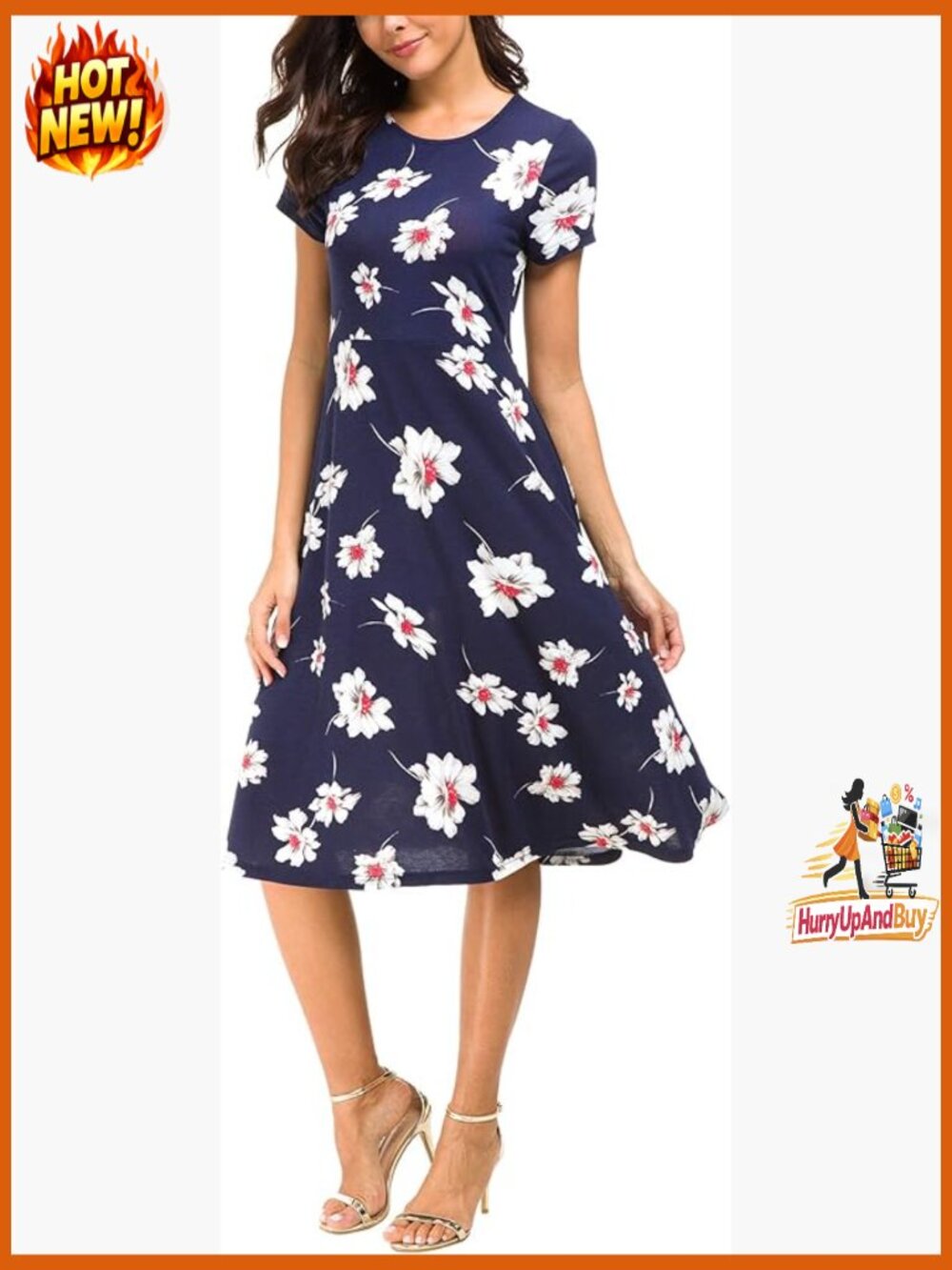 Vintage Floral Fit & Flare Midi Dress Short Sleeve High Waist Casual Elegant